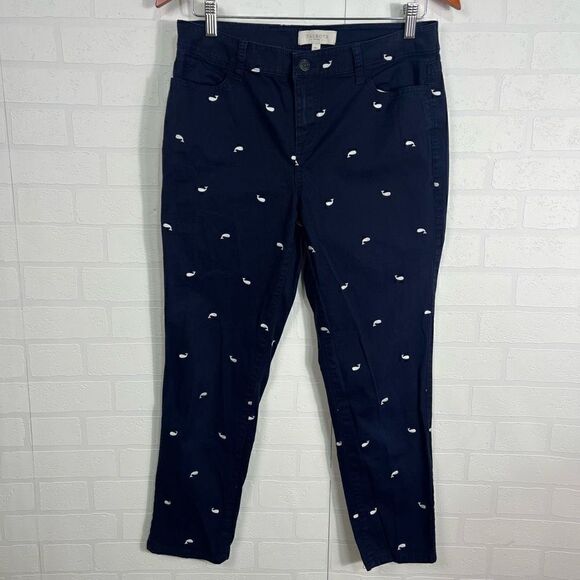 Talbots Womens Chino Pants size 10 petite Navy Blue Whale print Nautical Style - Picture 1 of 13